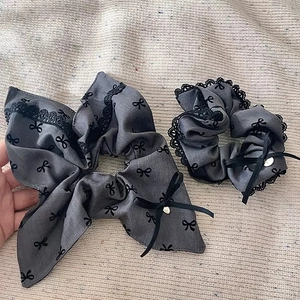 Grey bow scrunchie set with black lace trim and butterfly pattern for women's hair styling