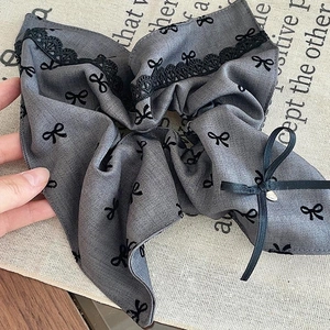 Vintage grey bow hair scrunchie with black lace trim and bow patterns for women