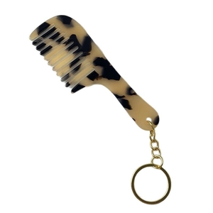 Portable tortoise shell acetate mini comb keychain with a stylish golden metal ring