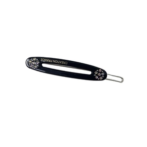 Eleganter schwarzer ovaler Haarclip mit Regenbogen-Strasssteinen und goldenem Logo