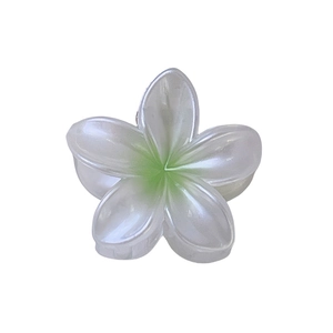 Detailed macro view of plumeria hair claw with green and white gradient pearl finish