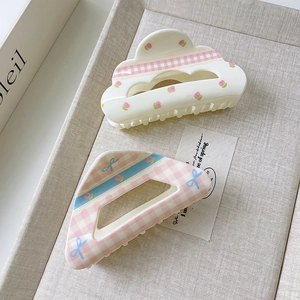 Sweet floral plaid hair claw clips with bow accents in cream white and pink acrylic
