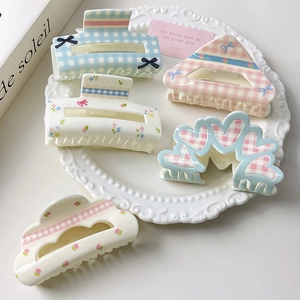 Korean Style Acrylic Floral Gingham Bow Hair Claw Clip For Women French Sweet Pastel Shark Clip Hair Accessories