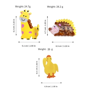 Size chart showing dimensions for giraffe, hedgehog, and duck acetate hair claws
