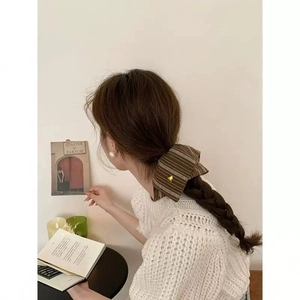 Brown striped fabric scrunchie with a gold heart detail worn on a low braid hairstyle
