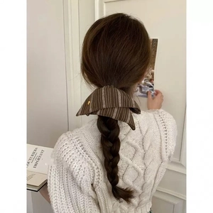 Close-up of brown striped scrunchie with golden heart accent on a braided hairstyle
