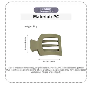Detail view of matte Morandi green square hair clip with PC material and dimensions