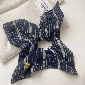 Vintage navy striped scrunchie with golden heart HAPPY pendant for elegant hair styling
