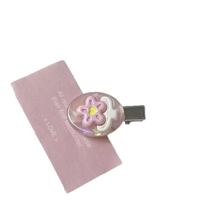 Cute sweet lavender oval hair clip with pink resin flower and bird charms for women