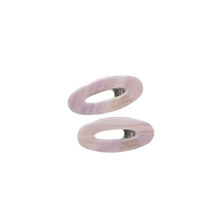 Minimalist oval acetate marble pattern hair clips with golden lettering in pink and purple