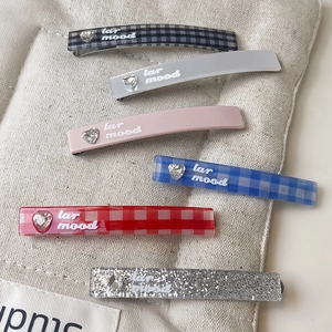 6-piece set of colorful plaid heart rhinestone hairpins with white lar mood lettering