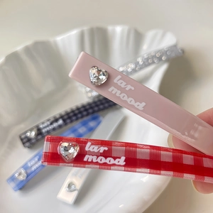 Sweet pink plaid hair clips with heart crystal and lar mood text decoration