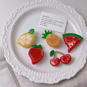 Cute Cartoon Fruit Acetate Hair Clips Rhinestone Strawberry Lemon Cherry Pineapple Peach Watermelon Hairpins For Women