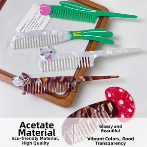 Detailed close-up of acetate hair combs in creative tulip, leek, and cat shapes