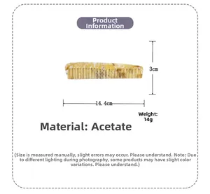 Detail showing dimensions of 14.4cm by 3cm and 14g weight for the acetate hair comb