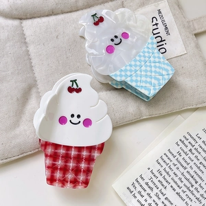 Creative ice cream shaped acetate hair clips with red and blue plaid patterns and cherry