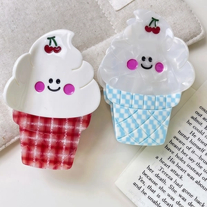 Plaid ice cream hair claws with cherry detail and smiley face in red and blue colors