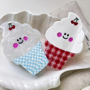 Cute Ice Cream Acetate Hair Claw Clips Plaid Smile Face Cherry Shark Clip For Women Girls Sweet Hair Styling Accessories