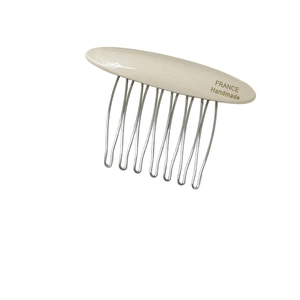 Retro cream acetate hair comb with eight silver metal teeth and gold handmade lettering