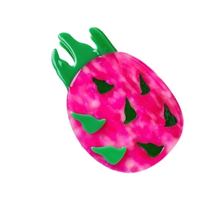 Pinza per capelli creativa a forma di frutto del drago in acetato rosa e foglie verdi