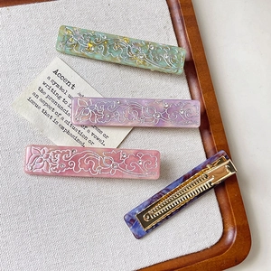 Rectangle acetate hair clips with lotus patterns and rhinestones in four soft colors