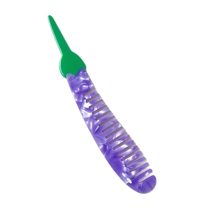 Unique eggplant-shaped acetate hair comb with purple marble pattern and green handle