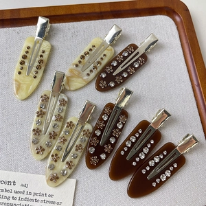 Vintage Marble Texture Cellulose Acetate Hair Clip For Women Rhinestone Flower Pattern Elegant Side Duckbill Clip Accessory