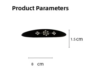 Detailed view of rhinestone flower hair clip showing dimensions 8cm length and 1.5cm width