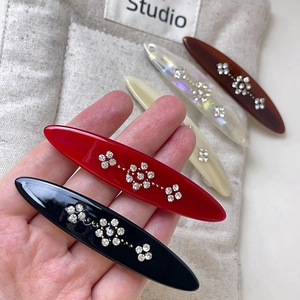 Vintage Acetate Floral Rhinestone Duckbill Hair Clip Elegant Long Oval Bangs Side Barrette For Women Fashion Hair Accessories
