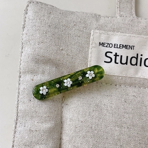 Vintage green rhinestone floral hair clip with white flowers on acetate duckbill barrette