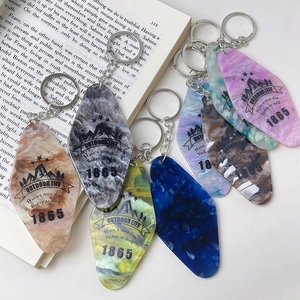 Vintage Motel Style Acrylic Keychain Rhombus Marble Pattern Mountain Print Outdoor Life Key Ring Bag Charm Accessory