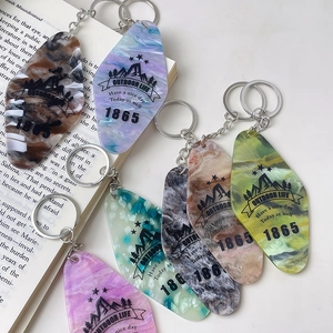 Chic acetate diamond keychains with marble texture and outdoor life mountain print