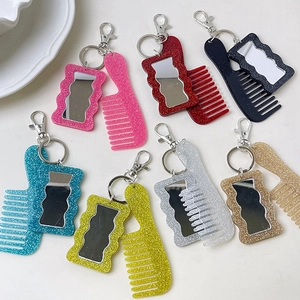 Cute Glitter Acrylic Comb Makeup Mirror Keychain Portable Mini Hair Brush Mirror Bag Pendant For Women Girls Jewelry Gift
