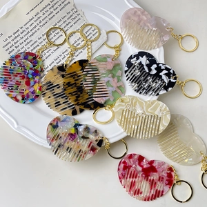 Portable Mini Heart Shaped Comb Keychain Acetate Marble Texture Celluloid Hair Comb Bag Charm Pendant For Women Girls