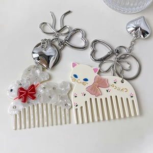 Ensemble de porte-clés peigne chat et lapin en acétate avec breloques argentées en cœur