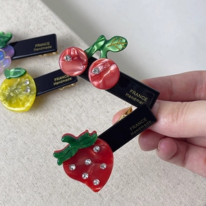 Fruit themed duckbill hair clips with rhinestones including strawberry and cherry patterns