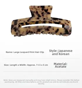 Detail view of large acetate claw clip with leopard pattern and dimensions 11.5x5cm