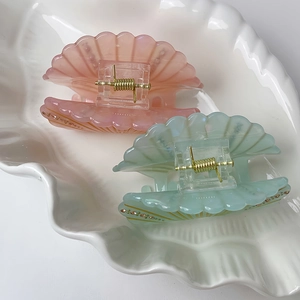 Elegant shell-shaped hair claw clips with rhinestones in pink and light cyan tones