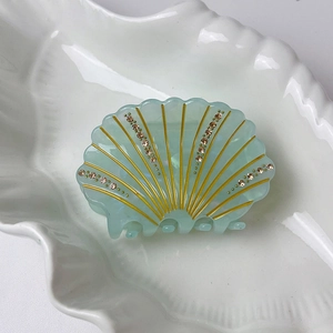 Macro shot of seashell hair claw clip with gold lines and rhinestones on shell plate