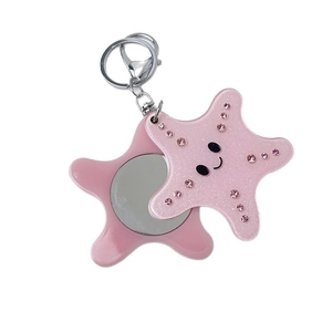 Rosa Seestern Acryl Taschenspiegel Schlüsselanhänger mit Glitzer und Strasssteinen