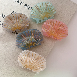 Elegant Shell Shape Acetate Hair Claw Clip With Rhinestone Ocean Style Gold Foil Line Shark Clip For Women Hair Accessories