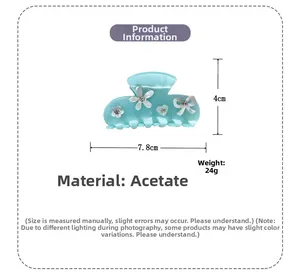 Détails de la pince à cheveux en acétate avec motif fleur bleue et dimensions de 7,8 cm