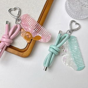 Porte-clés peigne en acétate avec ours et cordon en cuir pour sacs et téléphones