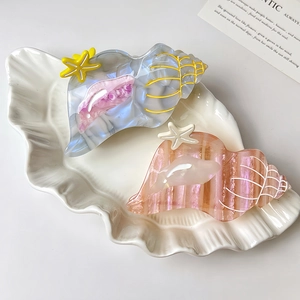 Ocean Theme Conch Shell Hair Claw Clips Acetate Starfish Marble Pattern Sweet Hair Grip Accessory For Women Beach Vacation