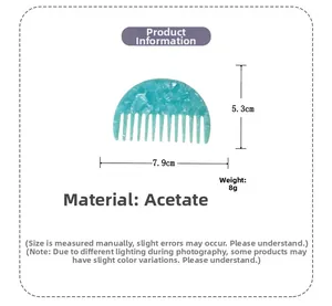 Detailed view of semi-circular acetate comb with blue marble pattern and 7.9cm x 5.3cm size