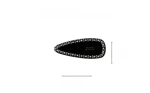 Detail view of a black acetate rhinestone hair clip with dimensions of 6.5cm and 2.6cm