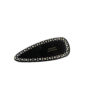 Elegant black teardrop hair clip with iridescent rhinestones and gold lettering