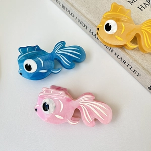 Cartoon goldfish hair claw clips in blue yellow and pink marble pattern acetate material