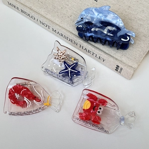 Lot de pinces à cheveux thème océan avec dauphin bleu et crabe en acétate brillant