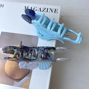 Macro detail of large acetate claw clips in ocean blue and marble textures on a magazine